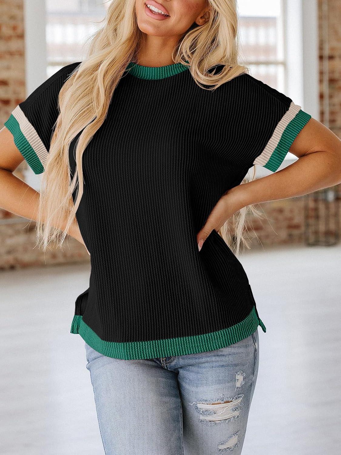 imageWomens Color Block Oversized Tops Trendy Casual Summer Textured Ribbed Knit T Shirts Loose Fit Short Sleeve TshirtsBlack
