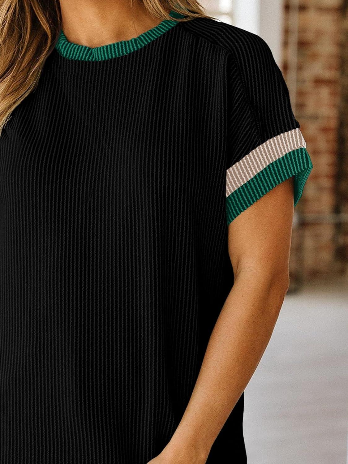 imageWomens Color Block Oversized Tops Trendy Casual Summer Textured Ribbed Knit T Shirts Loose Fit Short Sleeve TshirtsBlack