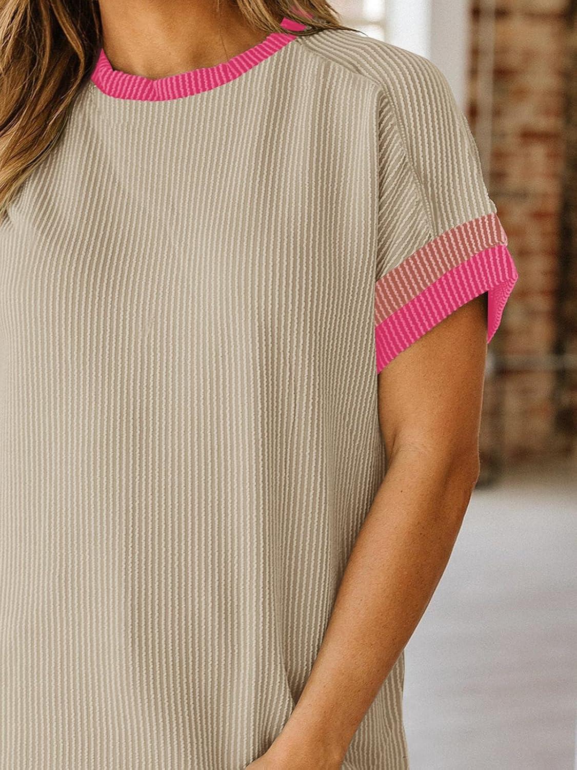 imageWomens Color Block Oversized Tops Trendy Casual Summer Textured Ribbed Knit T Shirts Loose Fit Short Sleeve TshirtsKhaki