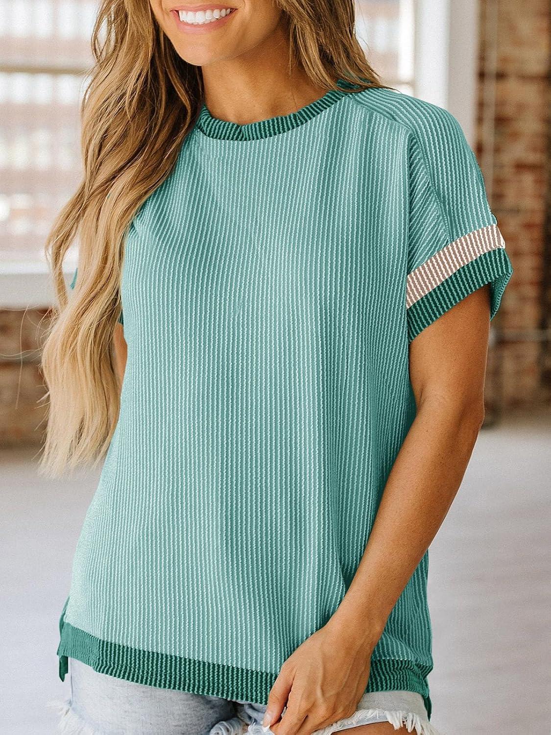 imageWomens Color Block Oversized Tops Trendy Casual Summer Textured Ribbed Knit T Shirts Loose Fit Short Sleeve TshirtsMint Green