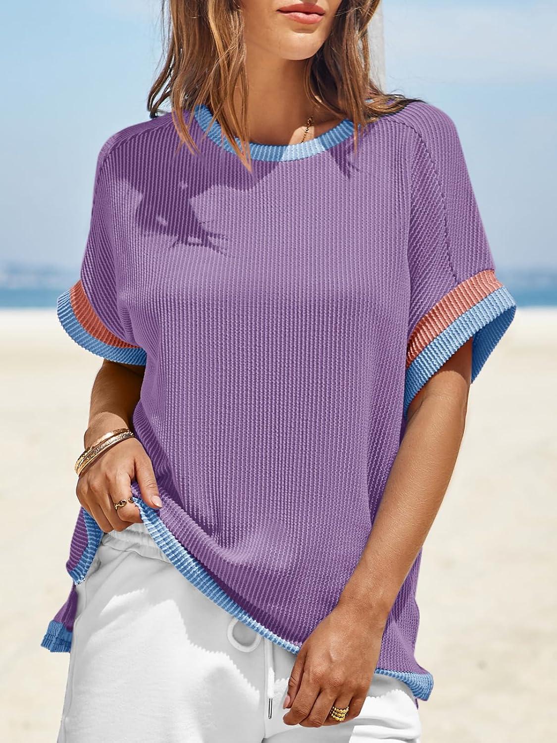imageWomens Color Block Oversized Tops Trendy Casual Summer Textured Ribbed Knit T Shirts Loose Fit Short Sleeve TshirtsPurple