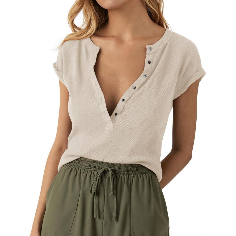 imageTankaneo Women Deep V Neck Low Cut Tops Casual Ribbed Knit Henley TShirts Summer Short Sleeve TeesBeige