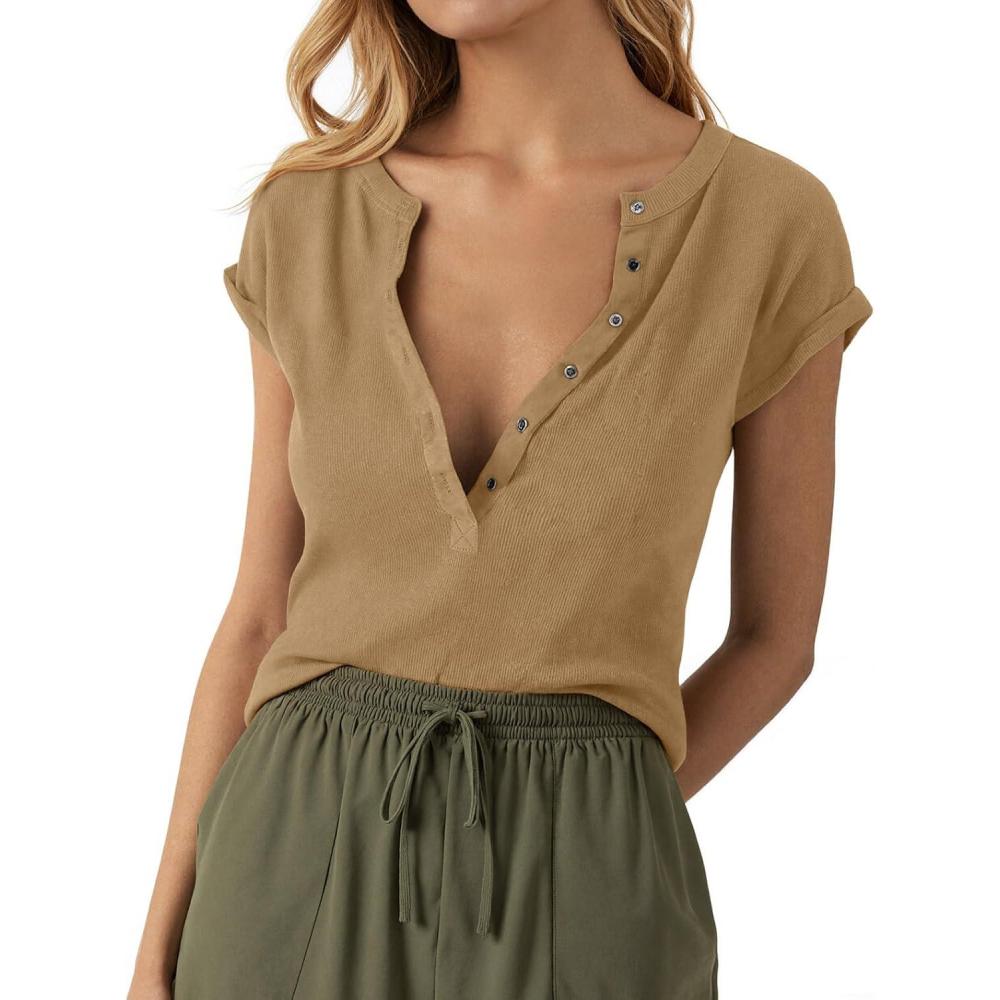 imageTankaneo Women Deep V Neck Low Cut Tops Casual Ribbed Knit Henley TShirts Summer Short Sleeve TeesBrown
