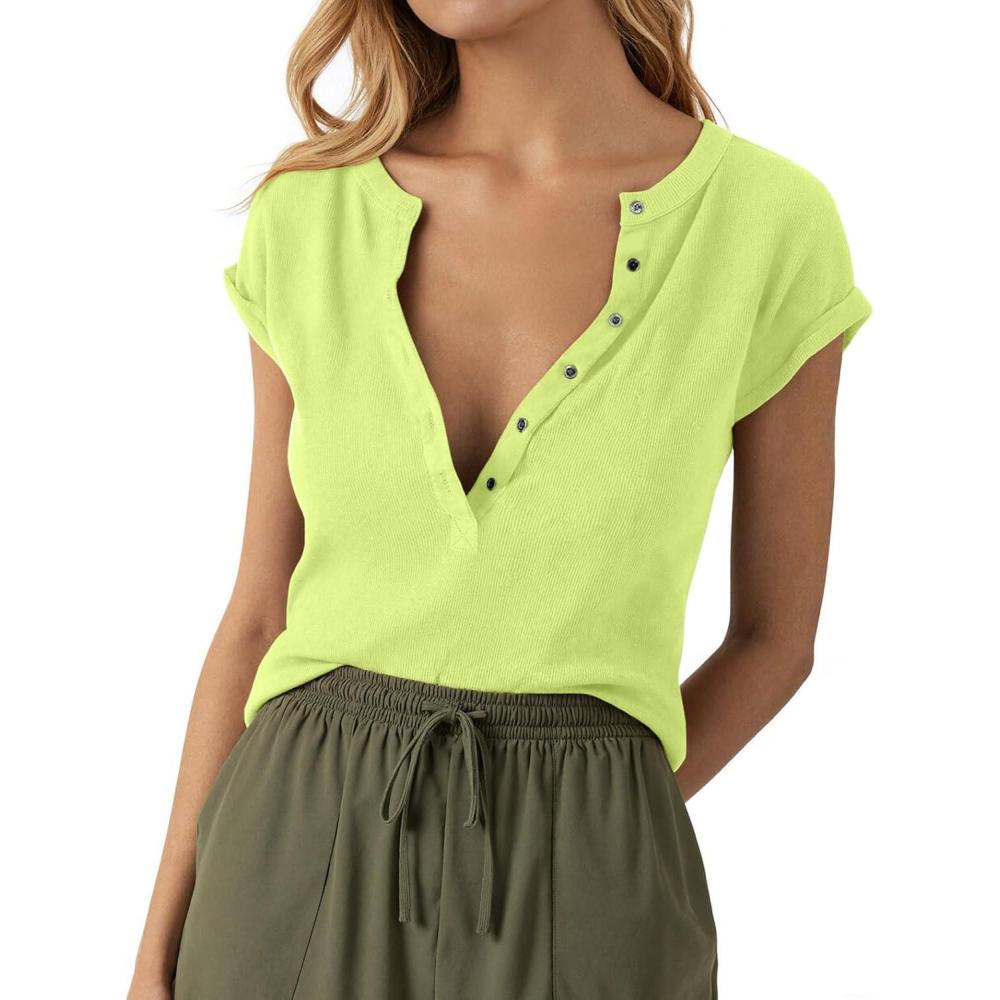 imageTankaneo Women Deep V Neck Low Cut Tops Casual Ribbed Knit Henley TShirts Summer Short Sleeve TeesFluorescent Yellow