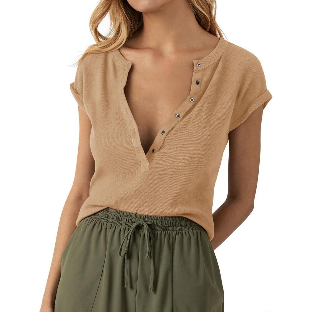 imageTankaneo Women Deep V Neck Low Cut Tops Casual Ribbed Knit Henley TShirts Summer Short Sleeve TeesKhaki