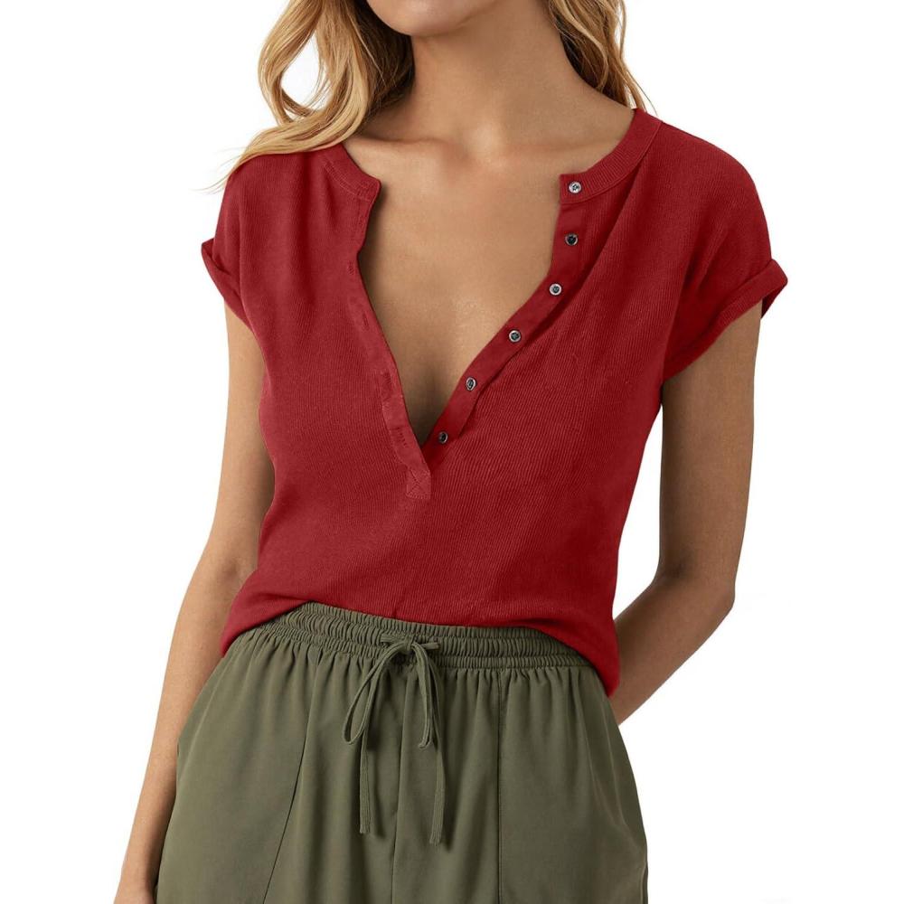 imageTankaneo Women Deep V Neck Low Cut Tops Casual Ribbed Knit Henley TShirts Summer Short Sleeve TeesWine Red