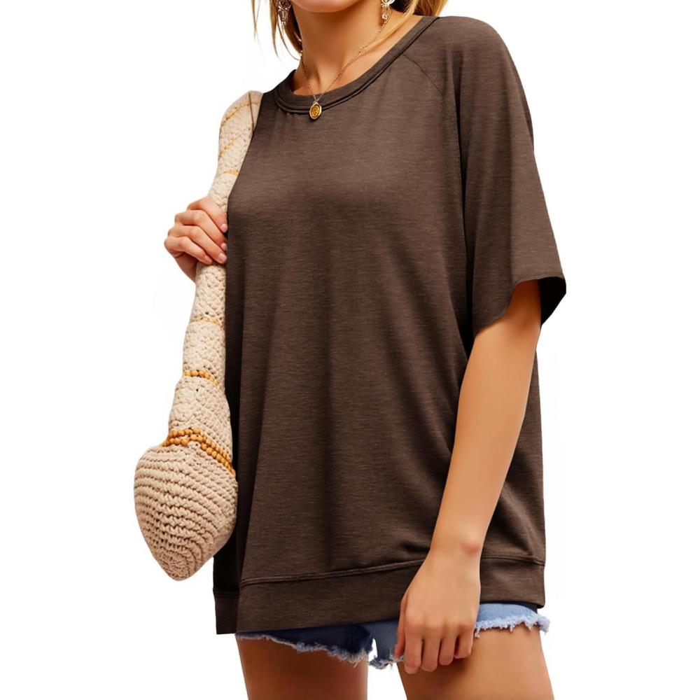 imageTankaneo Women Oversized Short Sleeve Tops Summer Crew Neck T Shirts Casual Loose Fit Blouse Tunic TopsCoffee