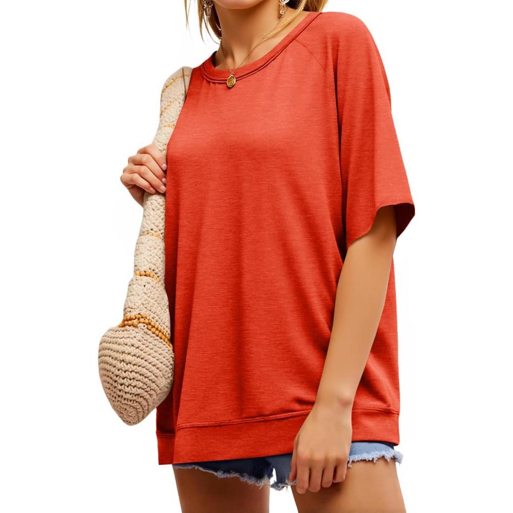 imageTankaneo Women Oversized Short Sleeve Tops Summer Crew Neck T Shirts Casual Loose Fit Blouse Tunic TopsCoral