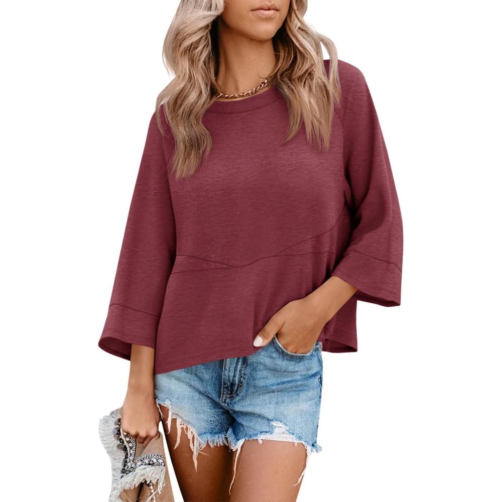 imageTankaneo Womens 34 Batwing Sleeve Tops Casual Loose Fit Crewneck Shirts Fall Flowy Trendy Tees BlouseBurgundy