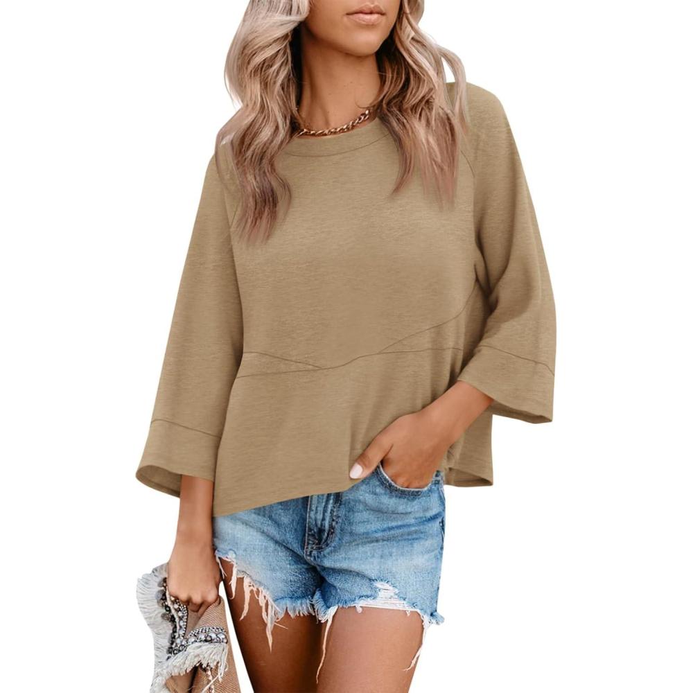 imageTankaneo Womens 34 Batwing Sleeve Tops Casual Loose Fit Crewneck Shirts Fall Flowy Trendy Tees BlouseKhaki