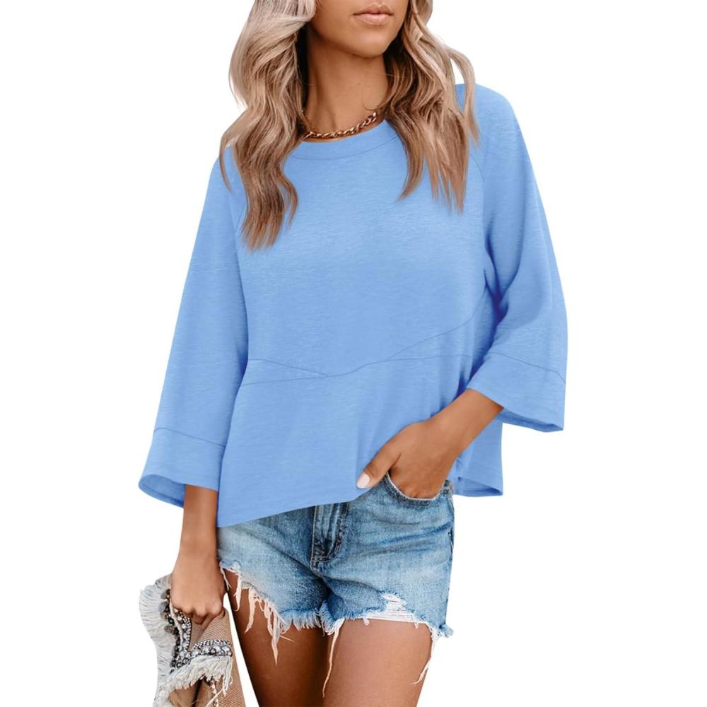 imageTankaneo Womens 34 Batwing Sleeve Tops Casual Loose Fit Crewneck Shirts Fall Flowy Trendy Tees BlouseSky Blue
