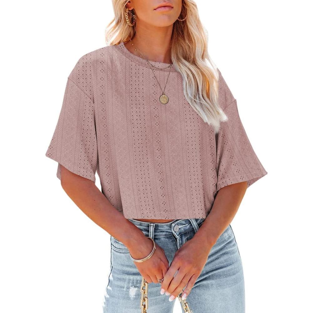 imageTankaneo Womens Casual Eyelet Cropped T Shirts Summer Half Sleeve Crop Tops Solid Color Round Neck Crop Tees01pink