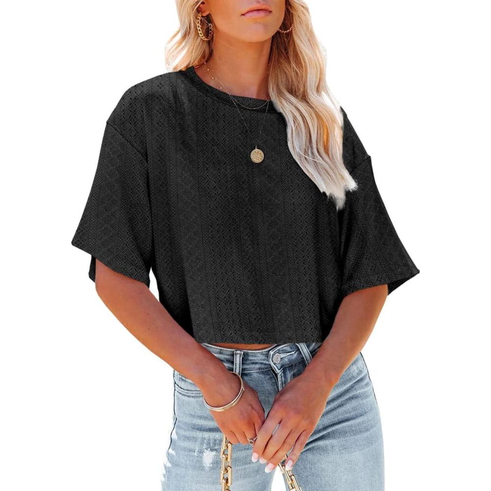 imageTankaneo Womens Casual Eyelet Cropped T Shirts Summer Half Sleeve Crop Tops Solid Color Round Neck Crop Tees03black