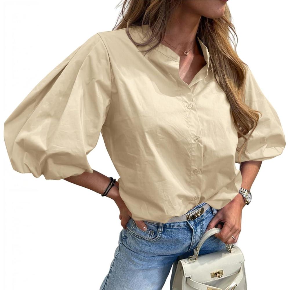 imageTankaneo Womens Half Puff Sleeve Button Down Shirts Cotton Loose Fit Tops Summer Dressy Casual BlousesBeige