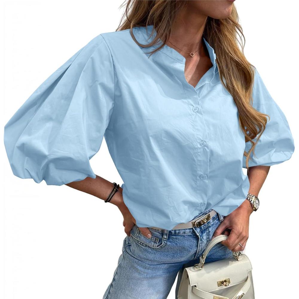 imageTankaneo Womens Half Puff Sleeve Button Down Shirts Cotton Loose Fit Tops Summer Dressy Casual BlousesBlue