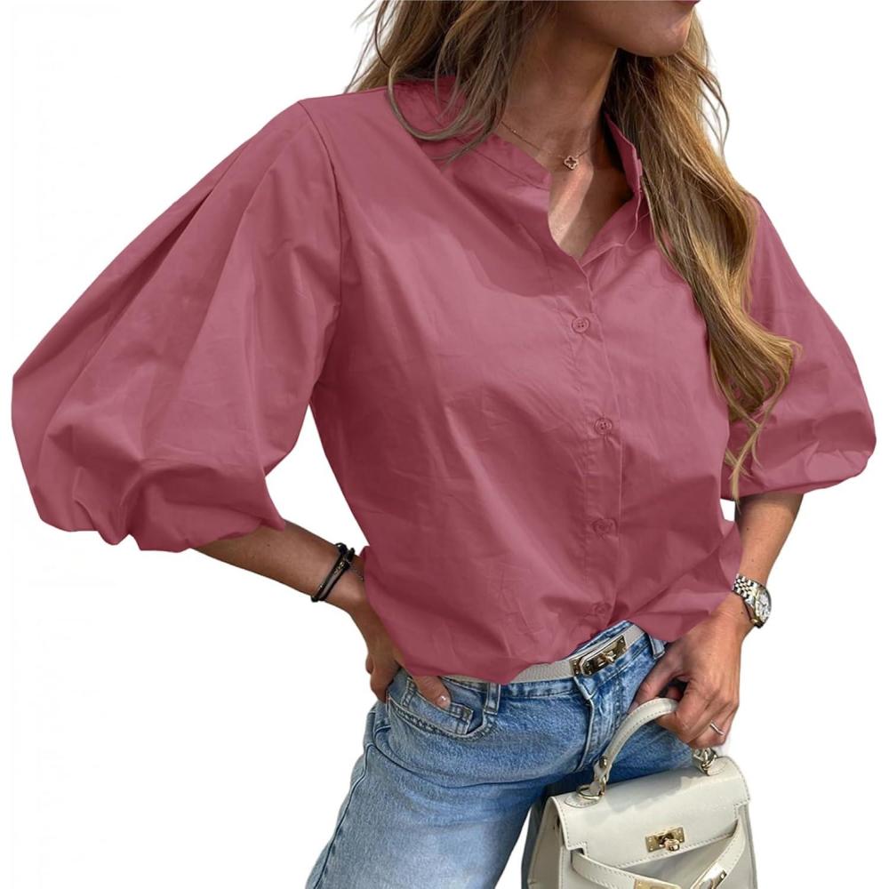 imageTankaneo Womens Half Puff Sleeve Button Down Shirts Cotton Loose Fit Tops Summer Dressy Casual BlousesBrick Red