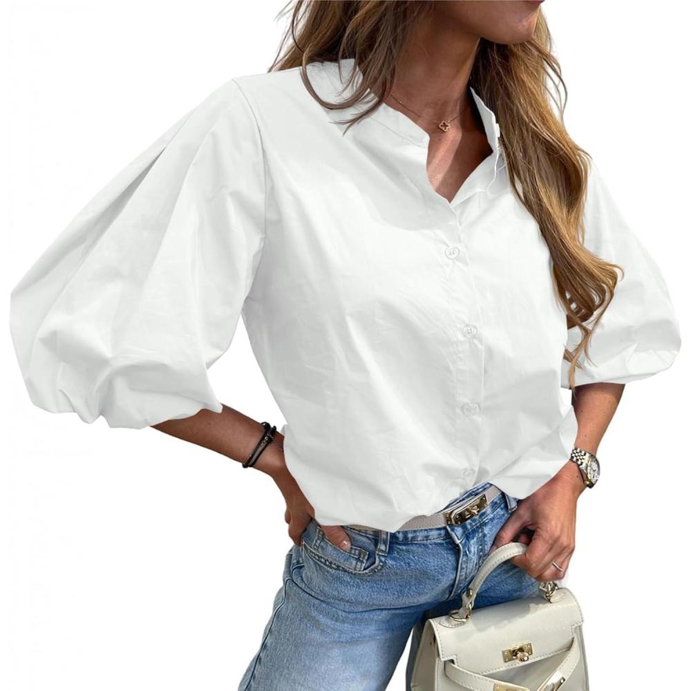imageTankaneo Womens Half Puff Sleeve Button Down Shirts Cotton Loose Fit Tops Summer Dressy Casual BlousesWhite