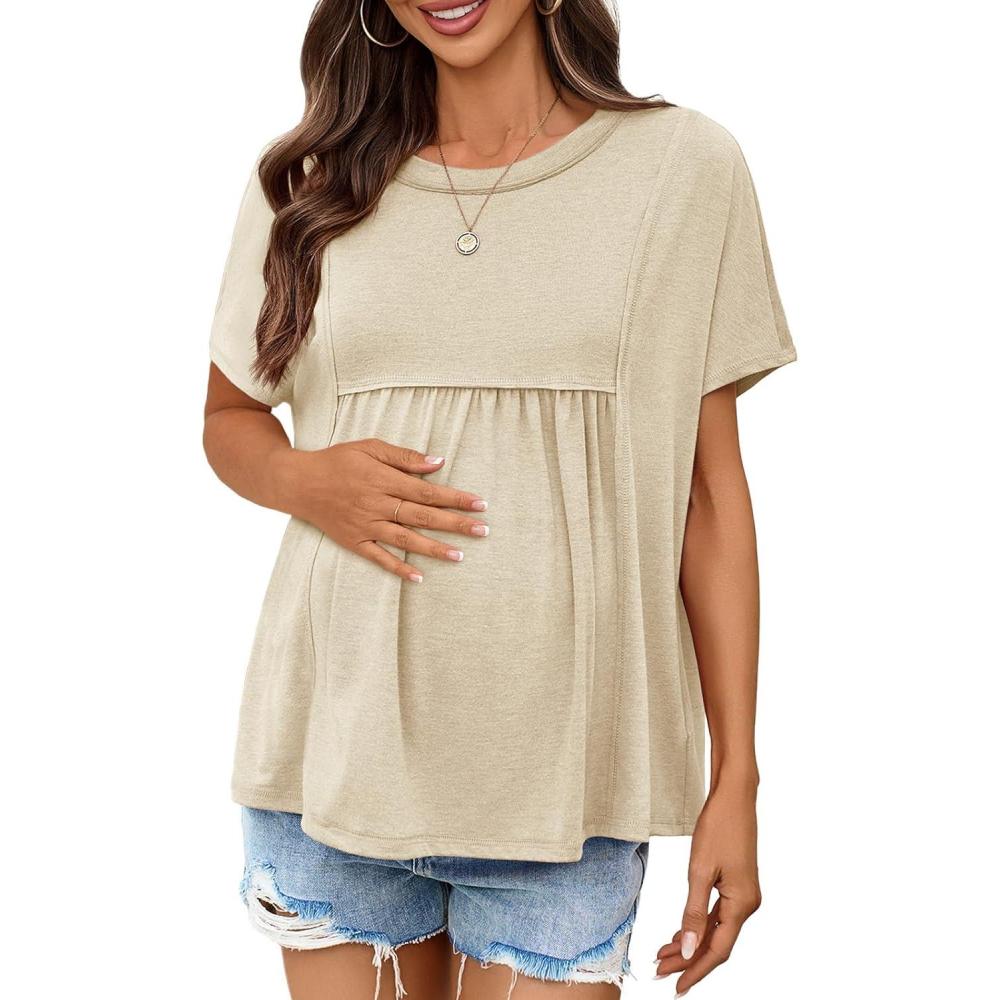 imageTankaneo Womens Maternity Tops Summer Batwing Short Sleeve Casual T Shirts Oversized Pleated Pregnancy ClothesApricot