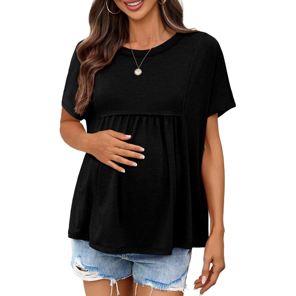 imageTankaneo Womens Maternity Tops Summer Batwing Short Sleeve Casual T Shirts Oversized Pleated Pregnancy ClothesBlack