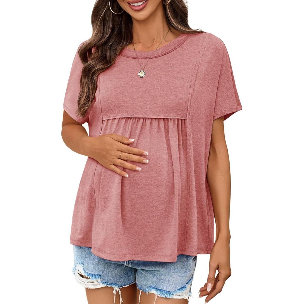 imageTankaneo Womens Maternity Tops Summer Batwing Short Sleeve Casual T Shirts Oversized Pleated Pregnancy ClothesBrick Red