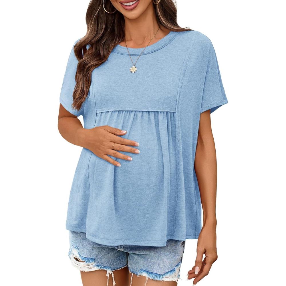 imageTankaneo Womens Maternity Tops Summer Batwing Short Sleeve Casual T Shirts Oversized Pleated Pregnancy ClothesSky Blue