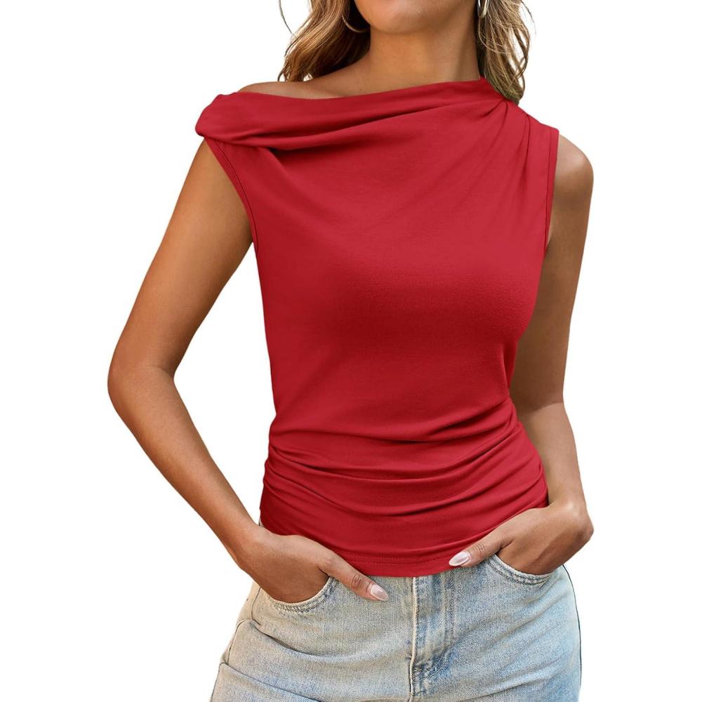 imageTankaneo Womens Off The Shoulder Tops Boat Neck Fitted Ruched Shirt Summer Trendy Y2K Going Out Tank TopsRed