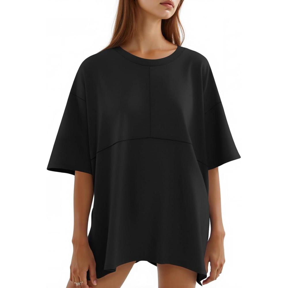 imageTankaneo Womens Oversized Crewneck Shirts Short Sleeve Off The Shoulders Tops Curved Hem TshirtBlack