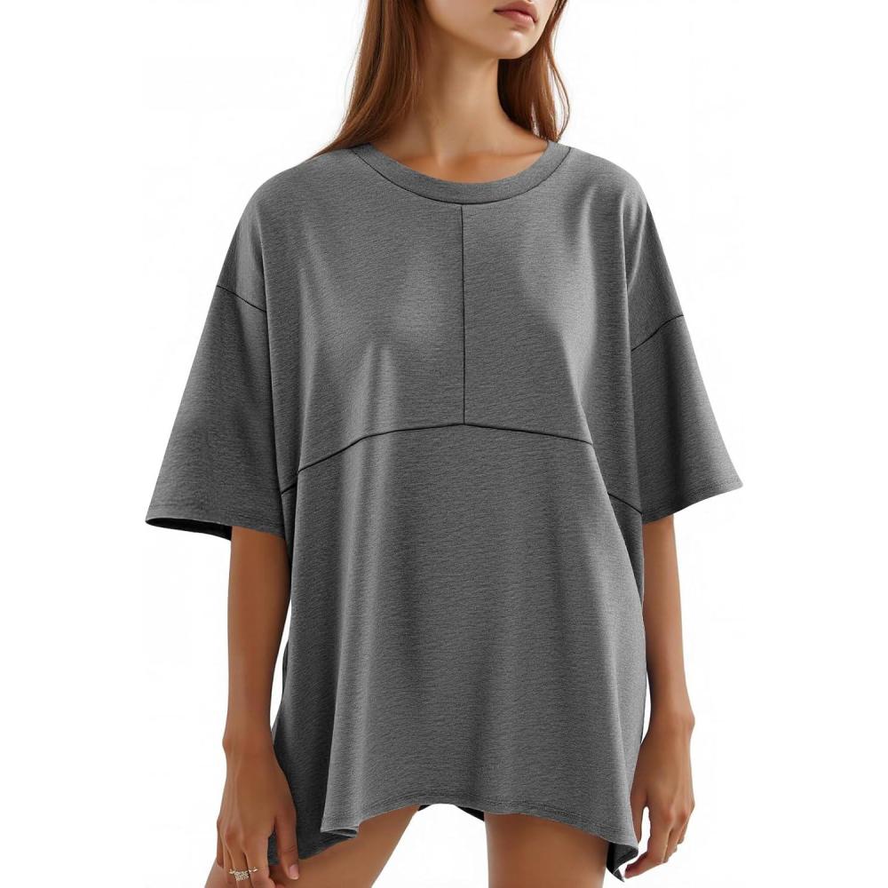 imageTankaneo Womens Oversized Crewneck Shirts Short Sleeve Off The Shoulders Tops Curved Hem TshirtBlack Grey