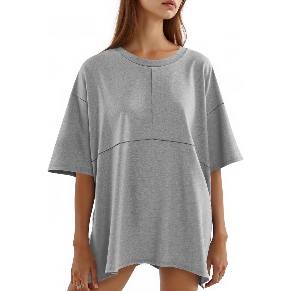 imageTankaneo Womens Oversized Crewneck Shirts Short Sleeve Off The Shoulders Tops Curved Hem TshirtGrey