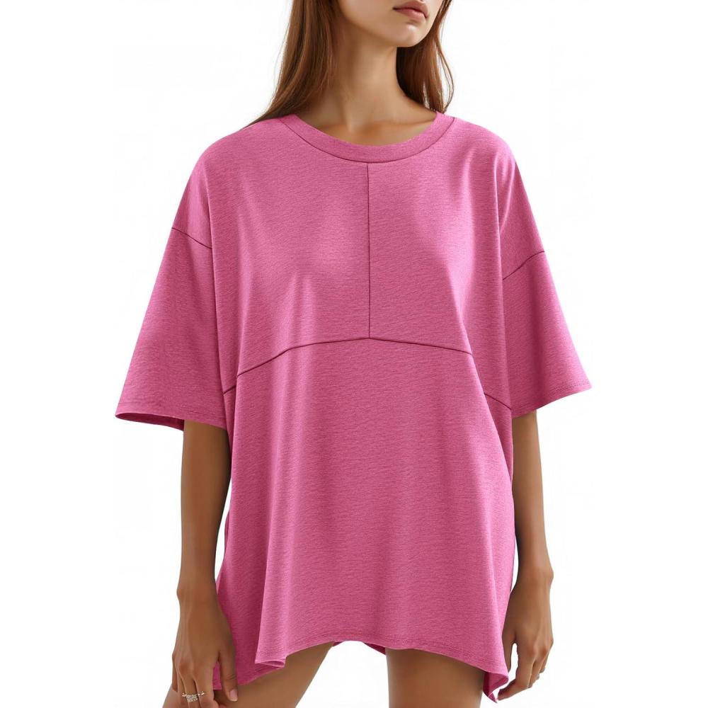 imageTankaneo Womens Oversized Crewneck Shirts Short Sleeve Off The Shoulders Tops Curved Hem TshirtRose Red