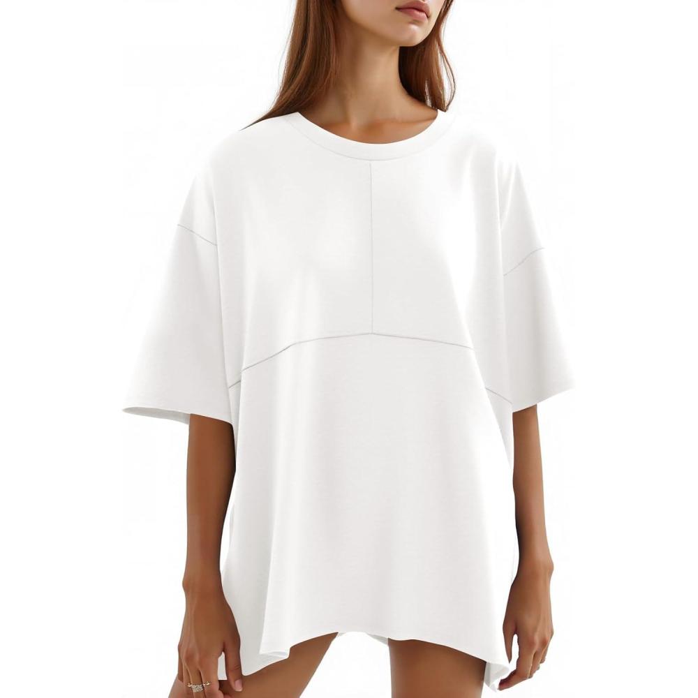 imageTankaneo Womens Oversized Crewneck Shirts Short Sleeve Off The Shoulders Tops Curved Hem TshirtWhite