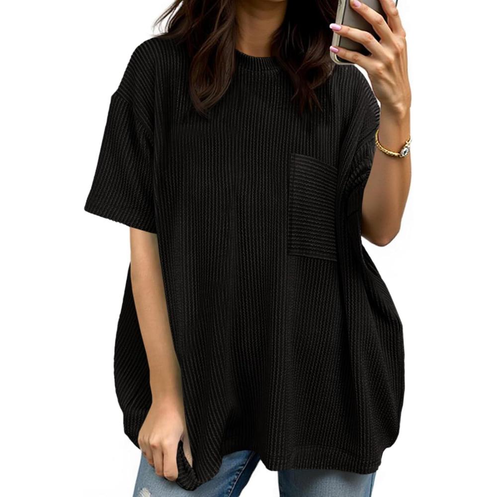 imageTankaneo Womens Oversized Short Sleeve Tops Summer Textured Crew Neck T Shirt Ribbed Casual Basic TeesBlack