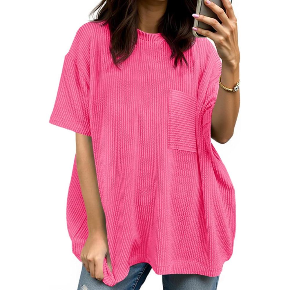 imageTankaneo Womens Oversized Short Sleeve Tops Summer Textured Crew Neck T Shirt Ribbed Casual Basic TeesRose Red