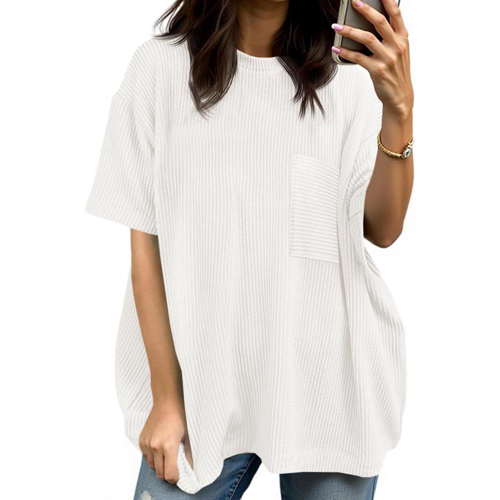 imageTankaneo Womens Oversized Short Sleeve Tops Summer Textured Crew Neck T Shirt Ribbed Casual Basic TeesWhite