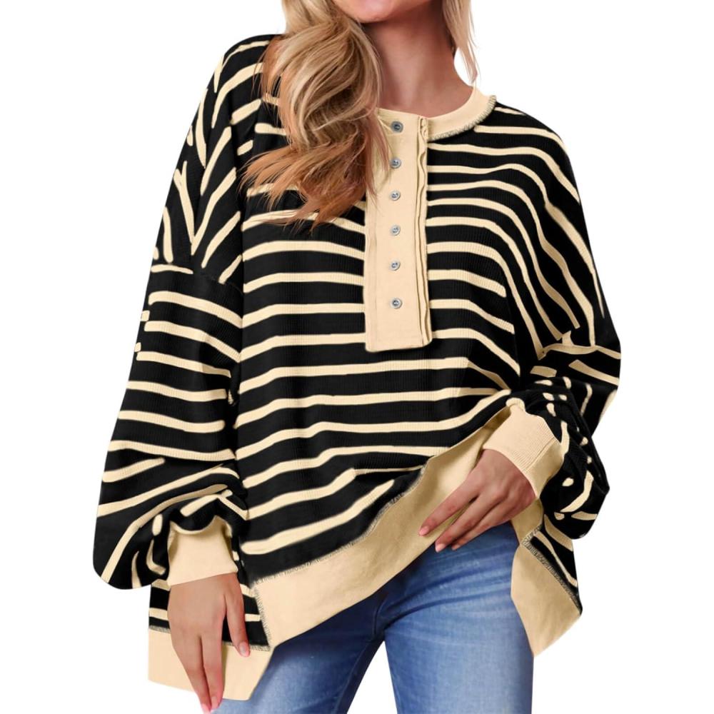imageTankaneo Womens Oversized Striped Sweatshirts Henley Shirts Color Block Casual Pullover Waffle Knit TopsBlack Beige
