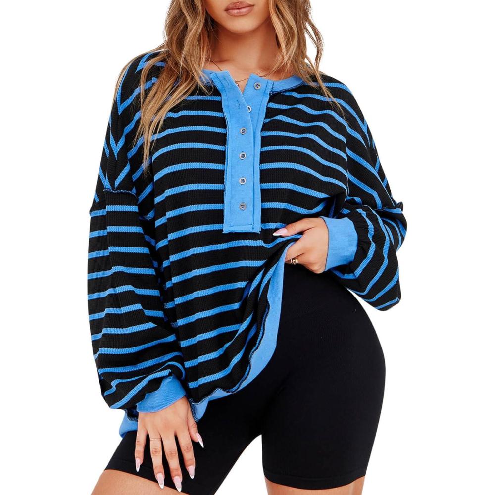 imageTankaneo Womens Oversized Striped Sweatshirts Henley Shirts Color Block Casual Pullover Waffle Knit TopsBlack Blue