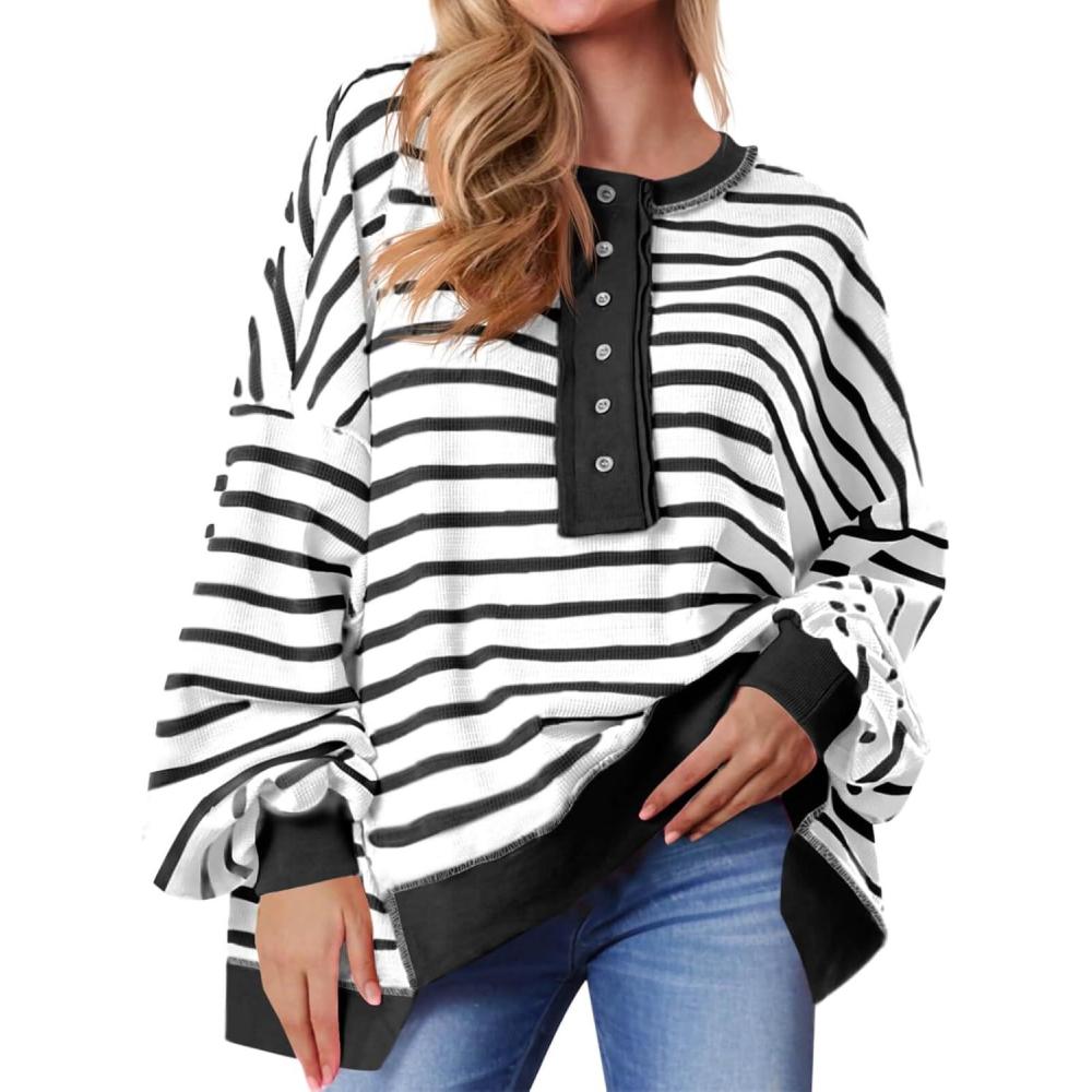imageTankaneo Womens Oversized Striped Sweatshirts Henley Shirts Color Block Casual Pullover Waffle Knit TopsBlack White