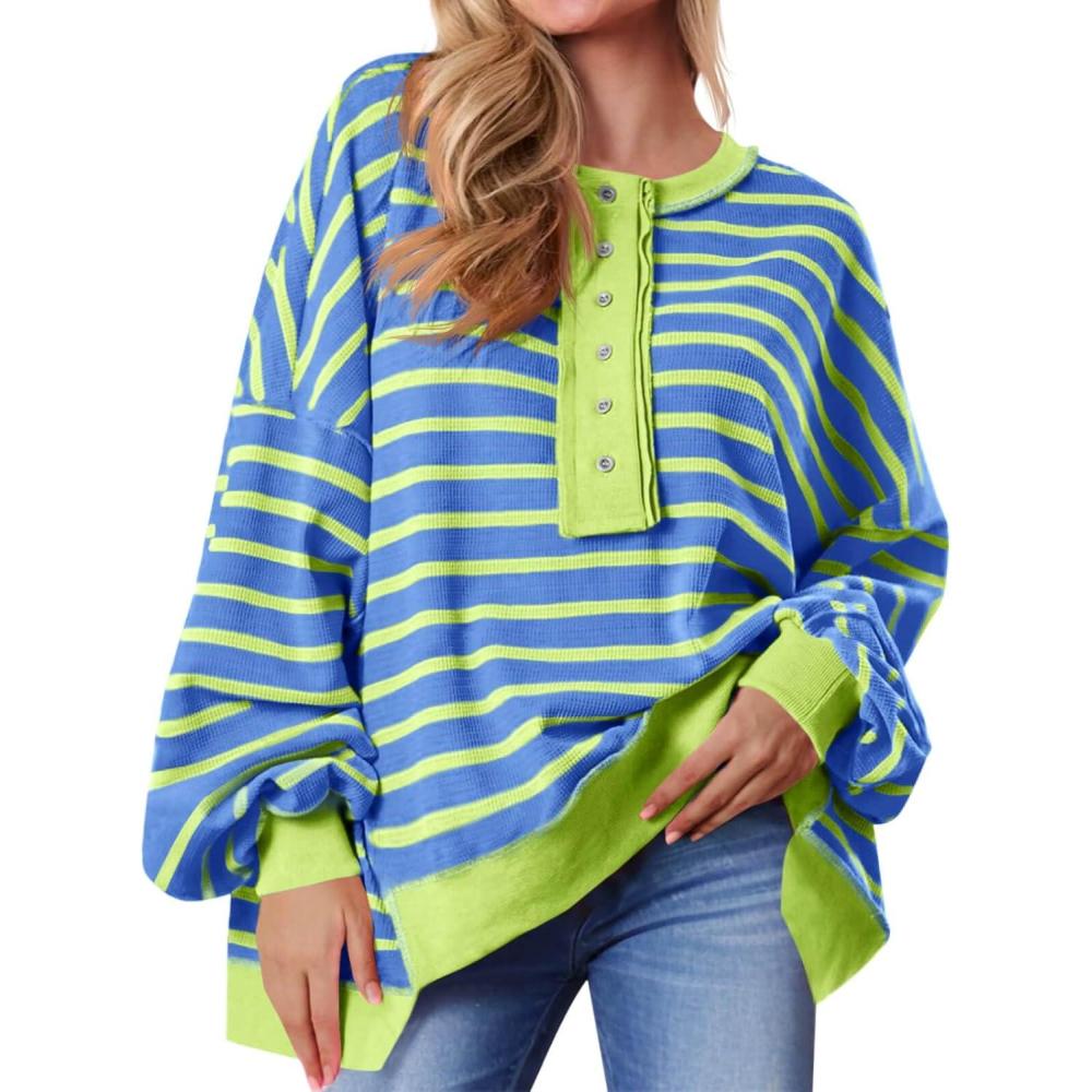 imageTankaneo Womens Oversized Striped Sweatshirts Henley Shirts Color Block Casual Pullover Waffle Knit TopsBlue