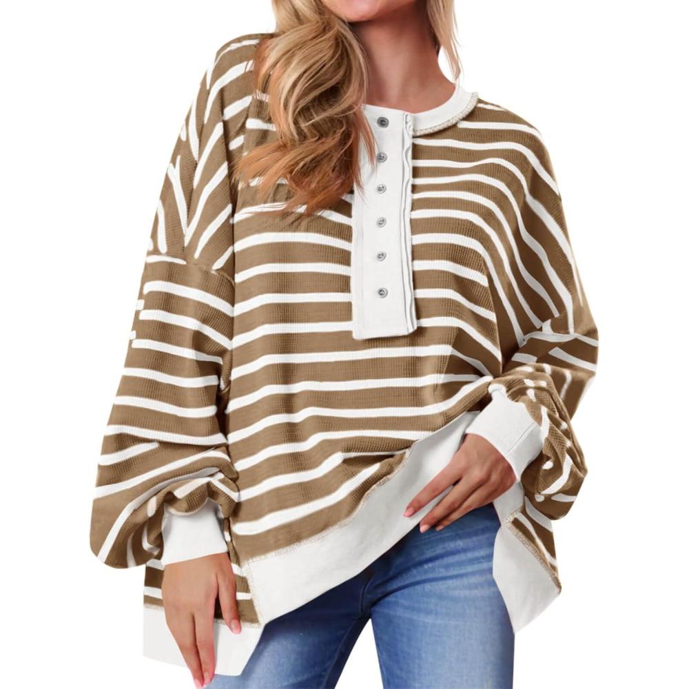 imageTankaneo Womens Oversized Striped Sweatshirts Henley Shirts Color Block Casual Pullover Waffle Knit TopsKhaki