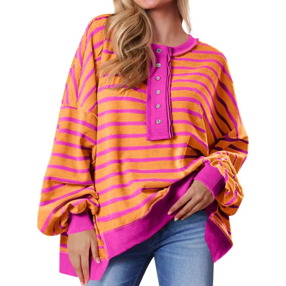 imageTankaneo Womens Oversized Striped Sweatshirts Henley Shirts Color Block Casual Pullover Waffle Knit TopsOrange