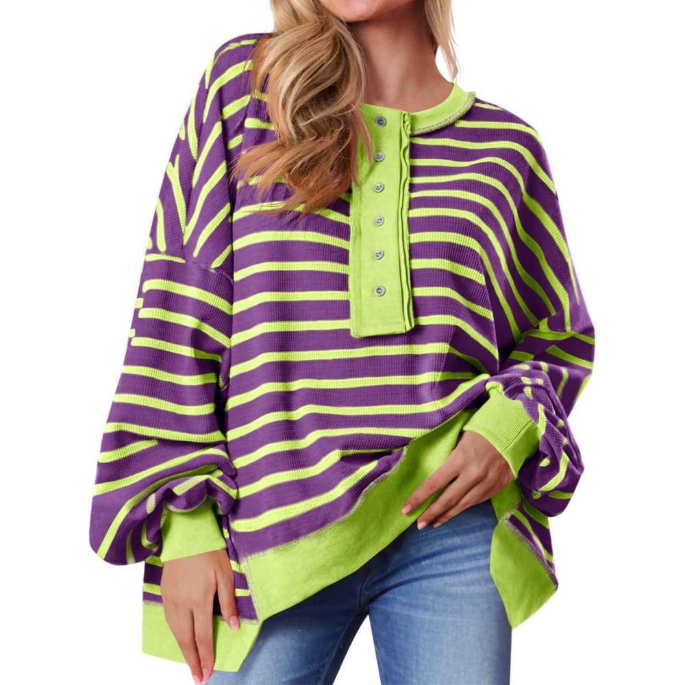 imageTankaneo Womens Oversized Striped Sweatshirts Henley Shirts Color Block Casual Pullover Waffle Knit TopsPurple
