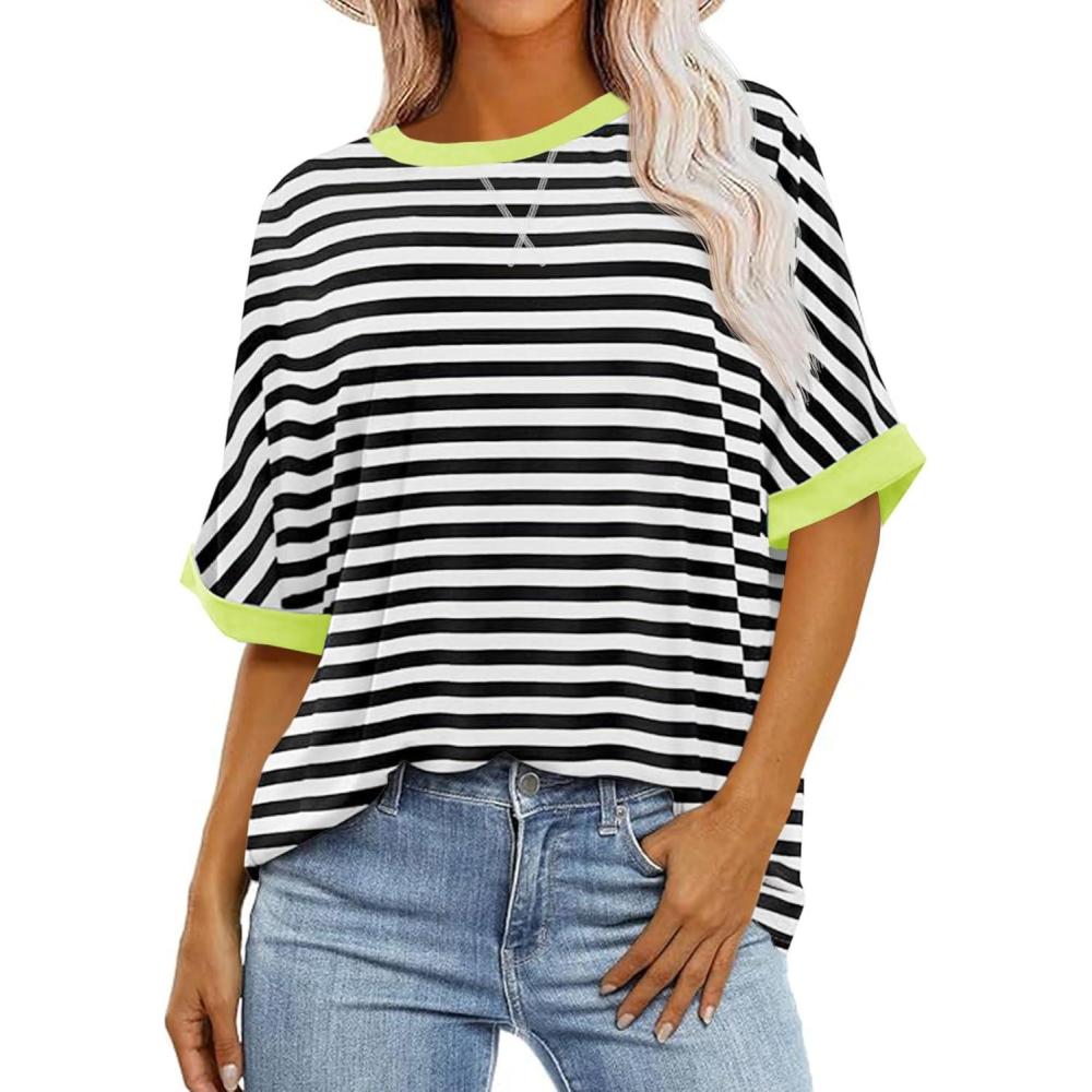 imageTankaneo Womens Oversized Striped Tee Shirt Summer Casual Color Block Half Sleeve Crew Neck Tunic TopsBlack