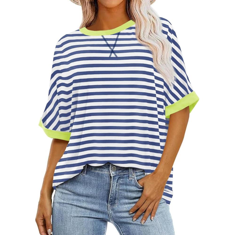 imageTankaneo Womens Oversized Striped Tee Shirt Summer Casual Color Block Half Sleeve Crew Neck Tunic TopsBlue
