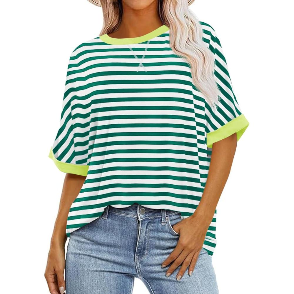 imageTankaneo Womens Oversized Striped Tee Shirt Summer Casual Color Block Half Sleeve Crew Neck Tunic TopsDark Green