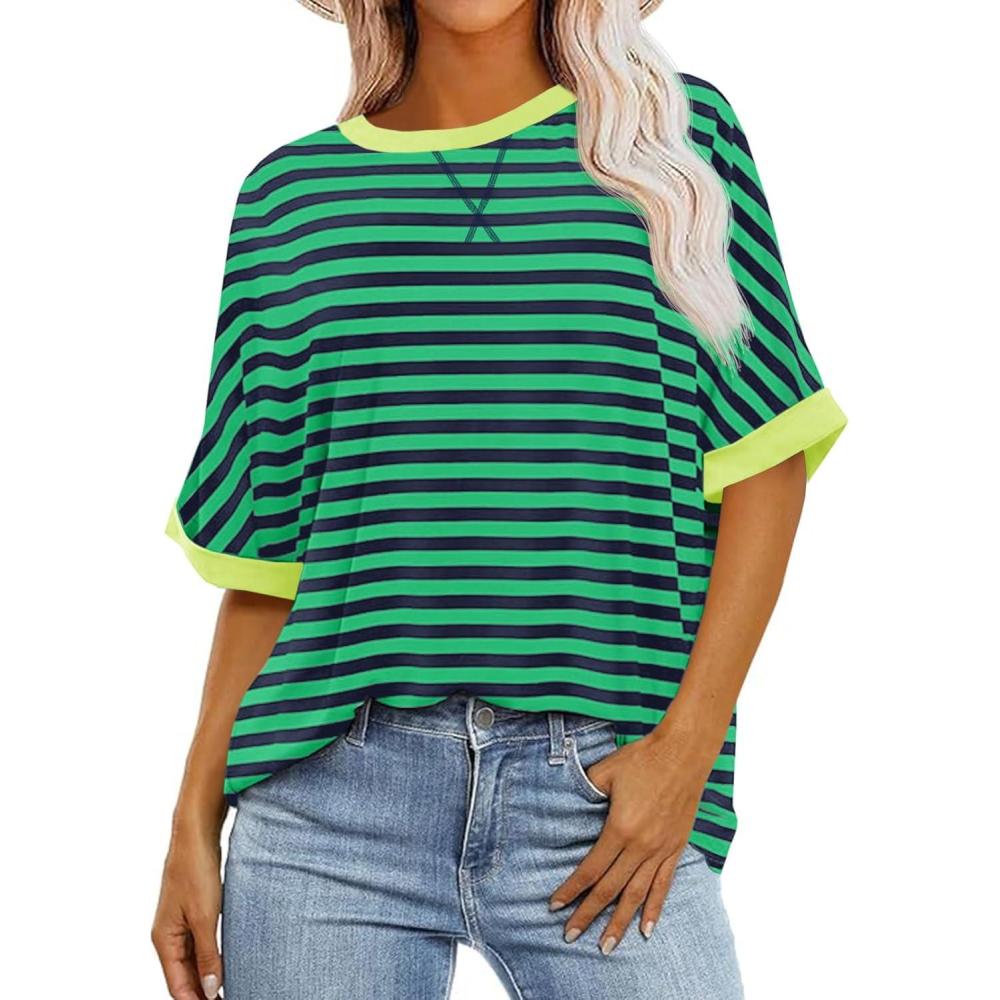 imageTankaneo Womens Oversized Striped Tee Shirt Summer Casual Color Block Half Sleeve Crew Neck Tunic TopsGreen