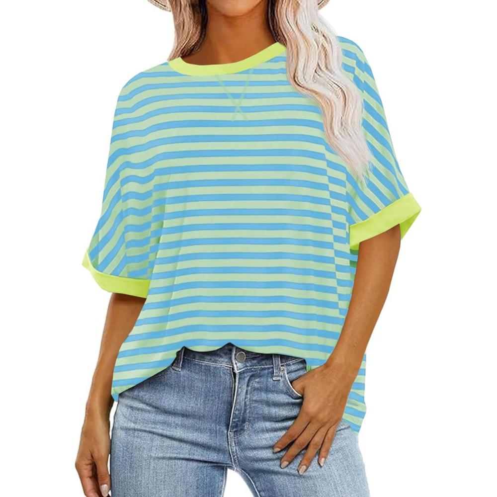 imageTankaneo Womens Oversized Striped Tee Shirt Summer Casual Color Block Half Sleeve Crew Neck Tunic TopsLight Blue