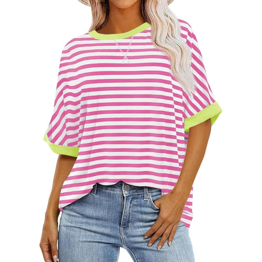 imageTankaneo Womens Oversized Striped Tee Shirt Summer Casual Color Block Half Sleeve Crew Neck Tunic TopsLight Pink