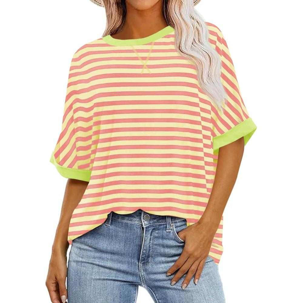 imageTankaneo Womens Oversized Striped Tee Shirt Summer Casual Color Block Half Sleeve Crew Neck Tunic TopsOrange Red