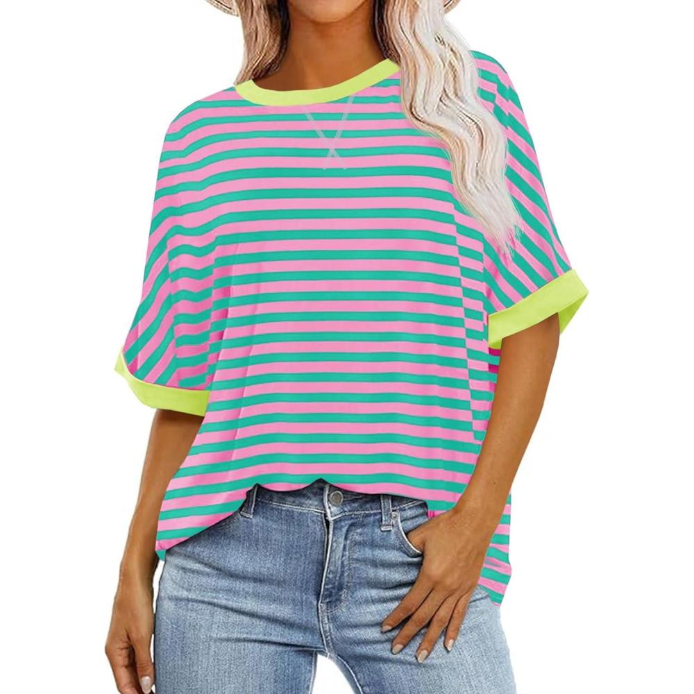 imageTankaneo Womens Oversized Striped Tee Shirt Summer Casual Color Block Half Sleeve Crew Neck Tunic TopsPink