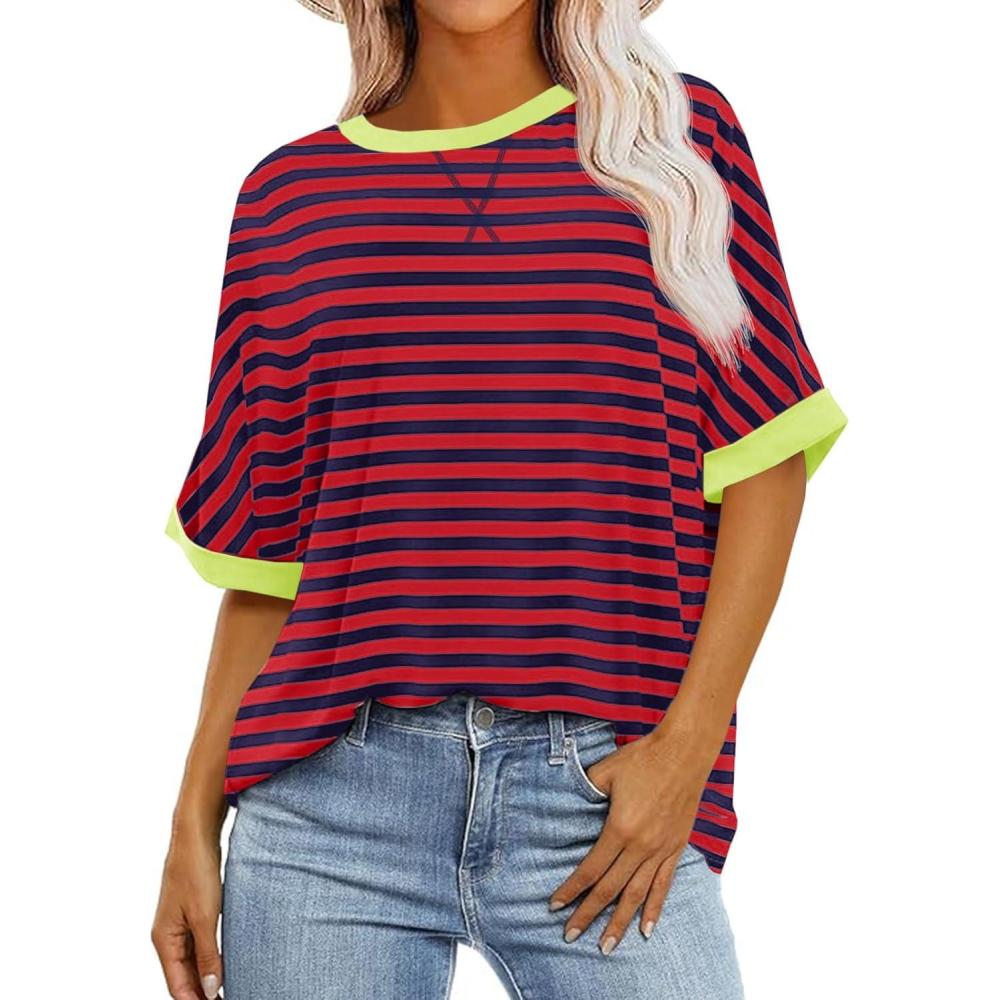 imageTankaneo Womens Oversized Striped Tee Shirt Summer Casual Color Block Half Sleeve Crew Neck Tunic TopsRed
